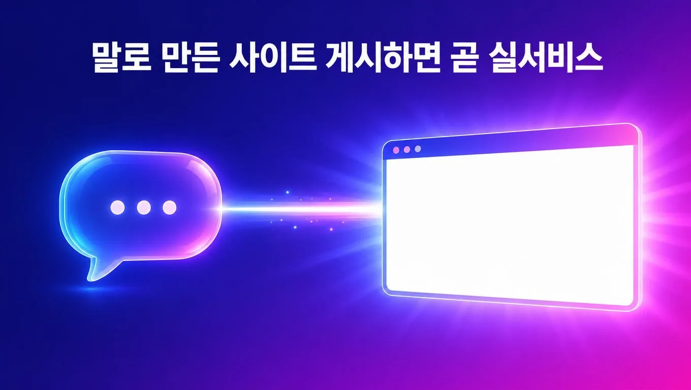 말풍선 모양의 유리 조각에서 뻗은 빛줄기가 빛나는 빈 웹 브라우저 창으로 이어지는 인디고·푸시아 톤 일러스트