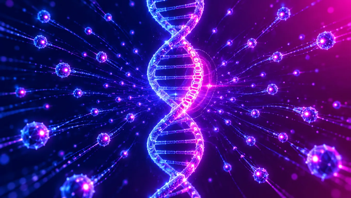 DNA 이중나선 속에서 반복되는 서열 패턴이 빛나는 구도의 일러스트, 배경에는 병렬로 늘어선 데이터 노드들
