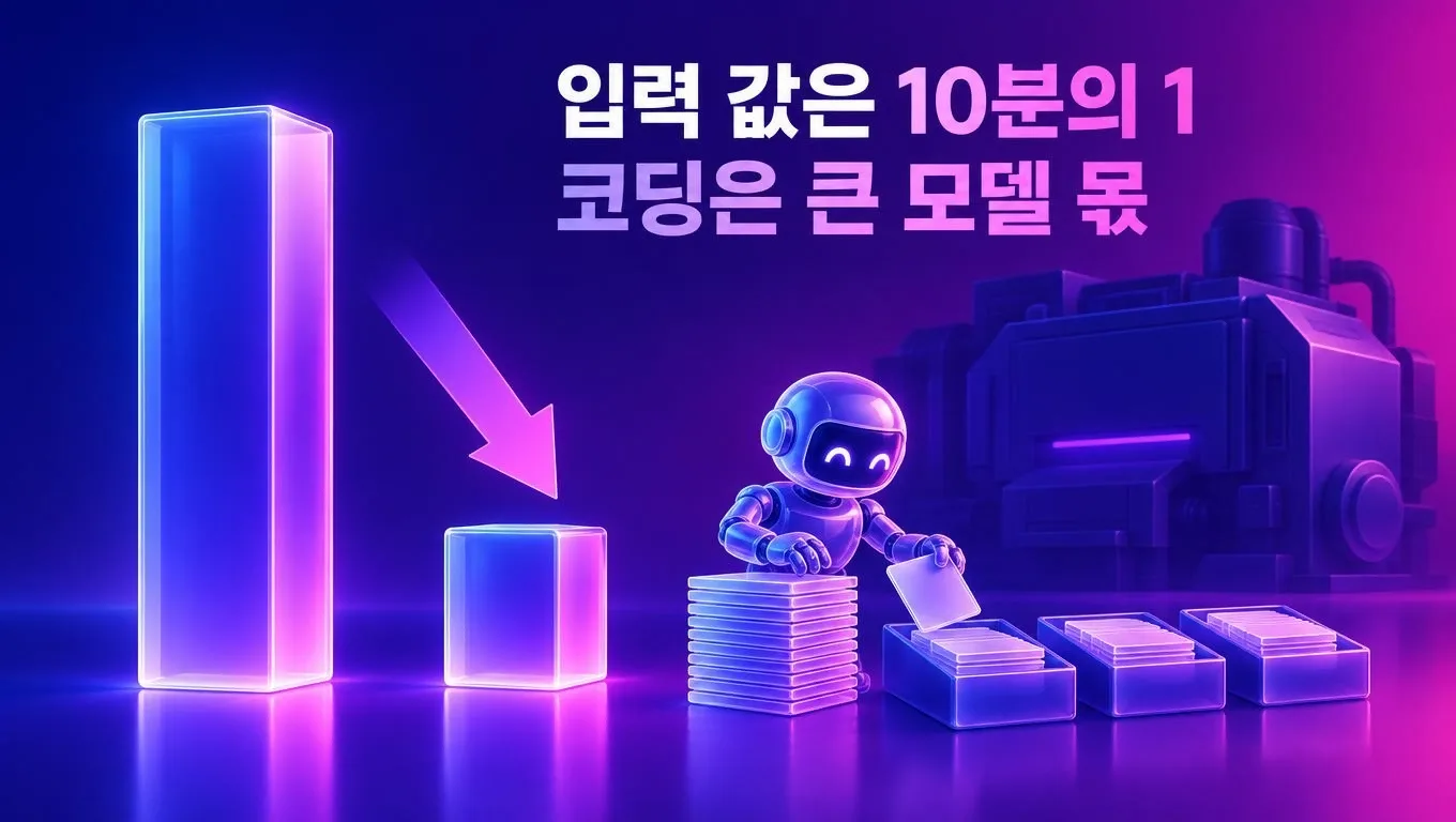 키 큰 유리 막대가 화살표를 따라 낮은 막대로 줄어들고, 그 옆에서 작은 로봇이 카드 더미를 상자 세 개에 나눠 담으며, 뒤에는 커다란 기계가 어둡게 서 있는 인디고·푸시아 톤 일러스트. 이미지 속 글자는 입력 값은 10분의 1, 코딩은 큰 모델 몫