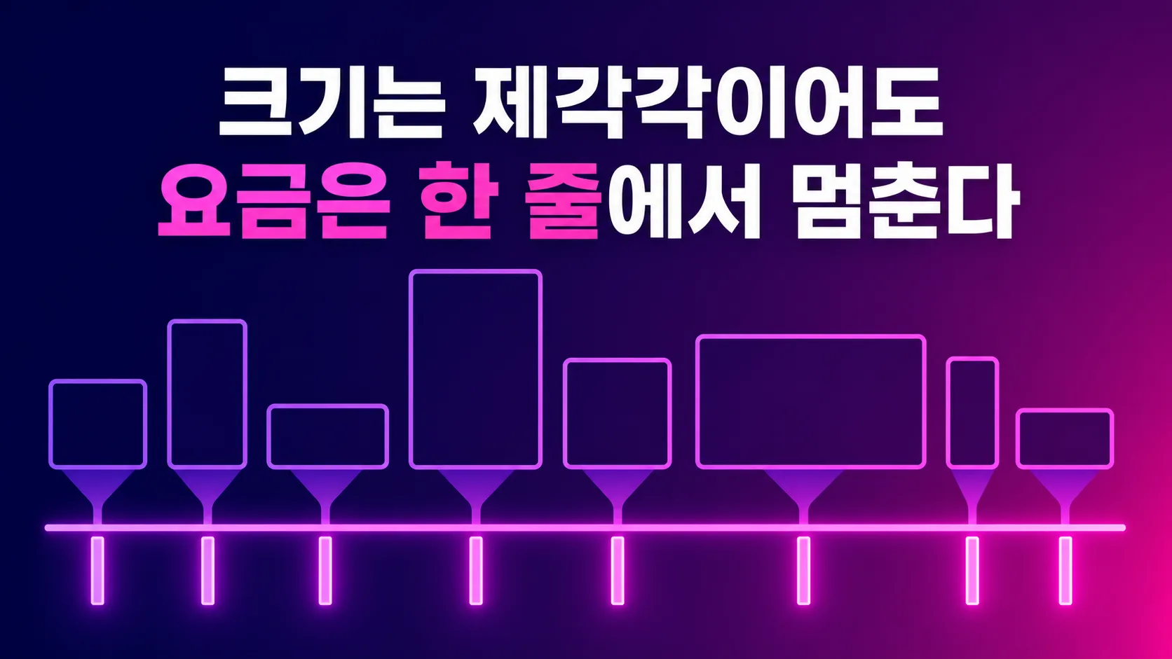 크기가 제각각인 이미지들이 모두 같은 높이의 토큰 막대로 변환되어 상한선에 나란히 걸리는 구조