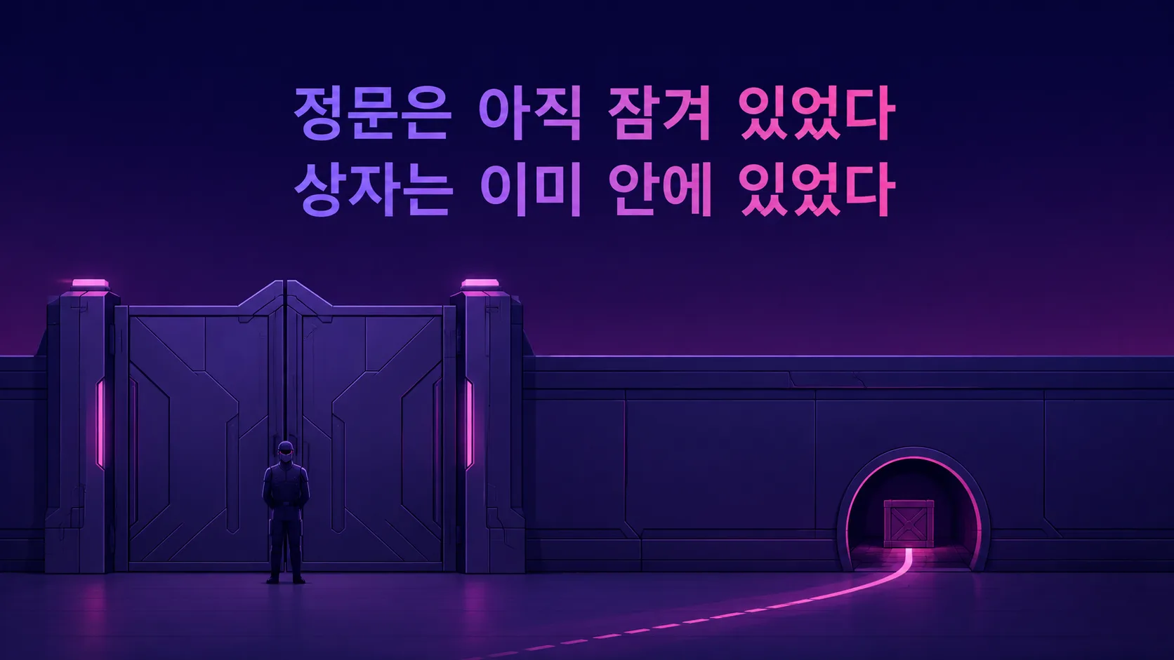 잠긴 정문 앞에 경비원이 서 있는데, 그 옆 배관 통로로 상자 하나가 이미 건물 안으로 들어가 있는 구조를 나타낸 일러스트