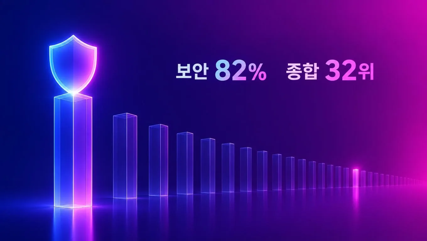 한쪽에서는 빛나는 유리 방패가 높은 기둥 맨 위에 서 있고, 반대쪽에서는 길게 늘어선 유리 기둥 줄의 뒤쪽 칸에 작은 표지 하나가 서 있는 인디고·푸시아 톤 일러스트