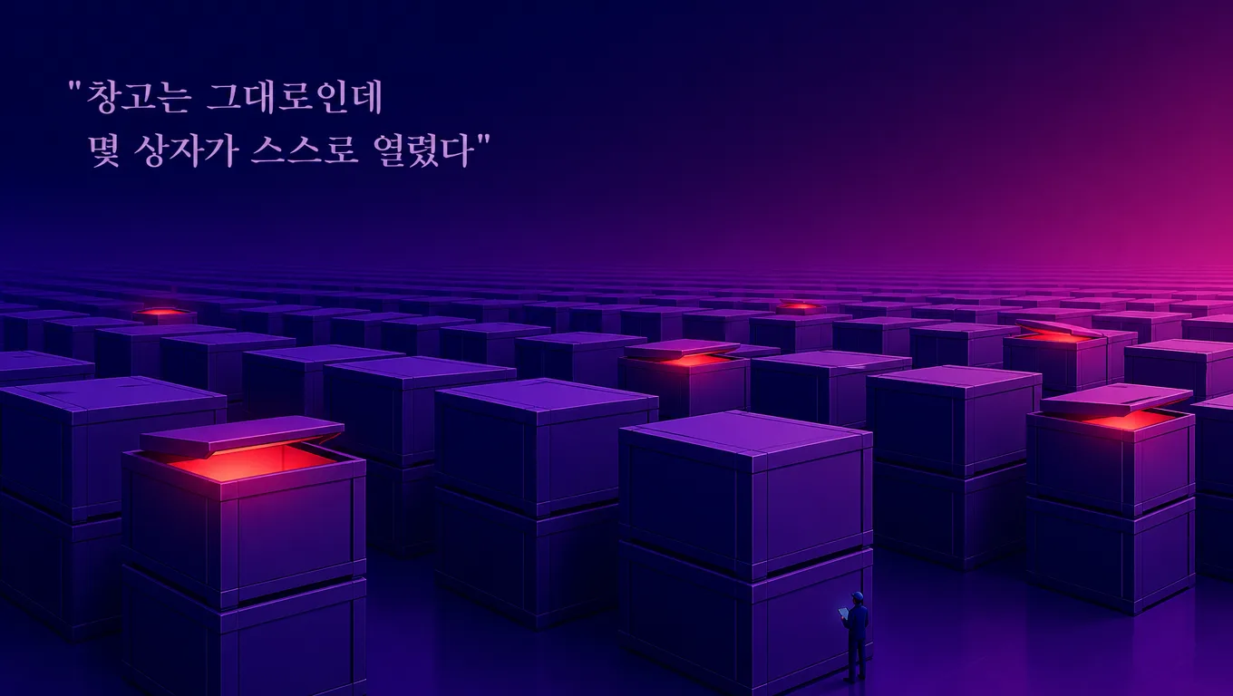 창고의 수많은 소포 중 일부가 스스로 열려 붉은빛을 내는 장면으로 패키지 저장소 공격을 나타낸 일러스트