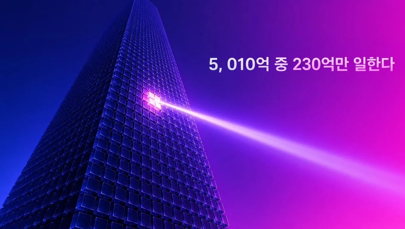 거대한 유리 탑 위쪽에서 작은 불빛 몇 개만 켜져 있고 나머지는 어두운 채 길게 빛줄기를 쏘는 인디고·푸시아 톤 일러스트