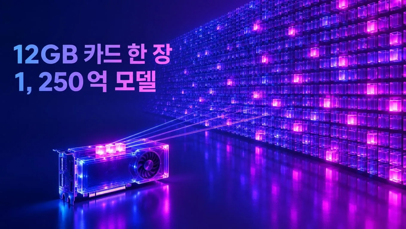 작은 유리 그래픽카드 하나가 뒤쪽의 거대한 유리 큐브 벽과 가느다란 빛줄기로 이어진 인디고·푸시아 톤 일러스트